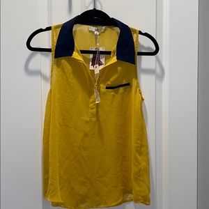 Sheer yellow blouse with navy blue collar |Small